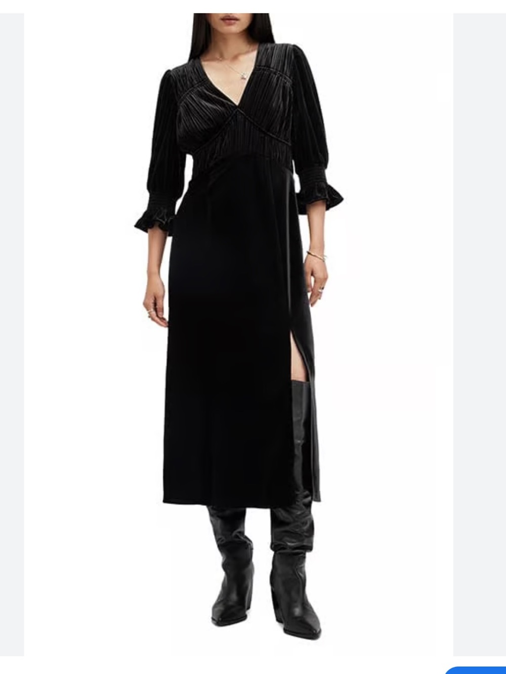 AllSaints Black Velvet Midi Dress with Side Slit
